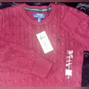 Polo Ralph Lauren Sweater Boys S/8 Red Cable Knit Burgundy NWT